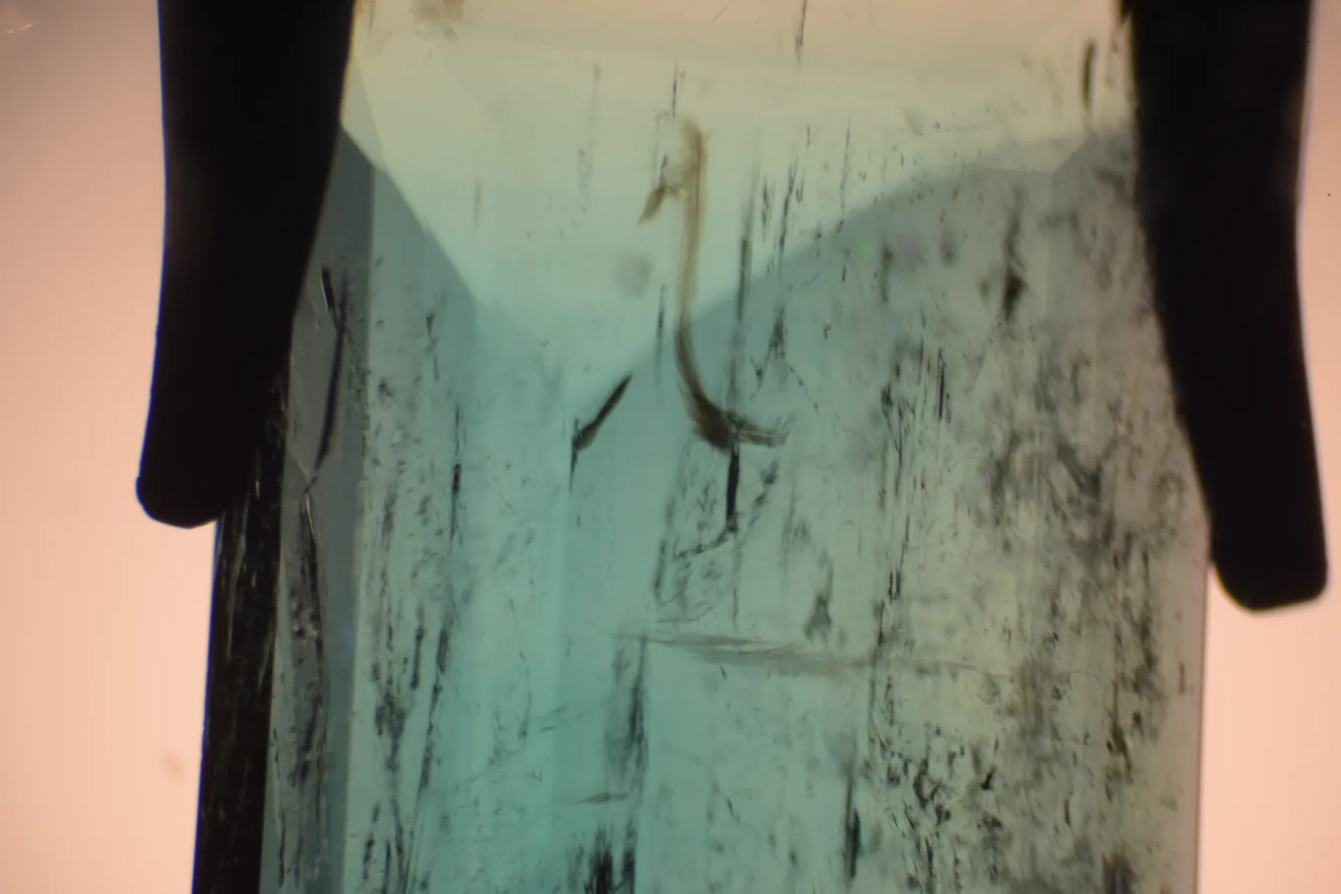 Smaragd, Immersionsmikroskopie: hakenförmig gebogener bräunlicher Kanal, parallele Hohlkanäle, verteilte dunkle Kristalle