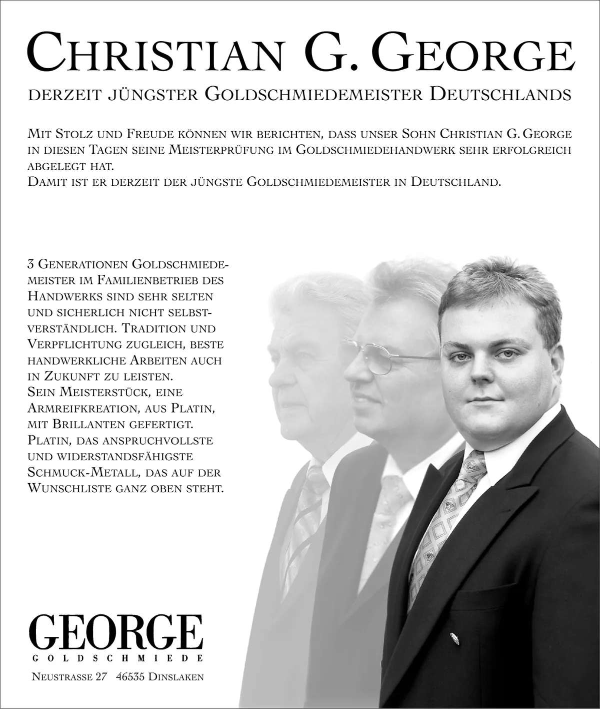 Anzeige aus dem November 2005: Christian G. George, derzeit jüngster Goldschmiedemeister Deutschlands